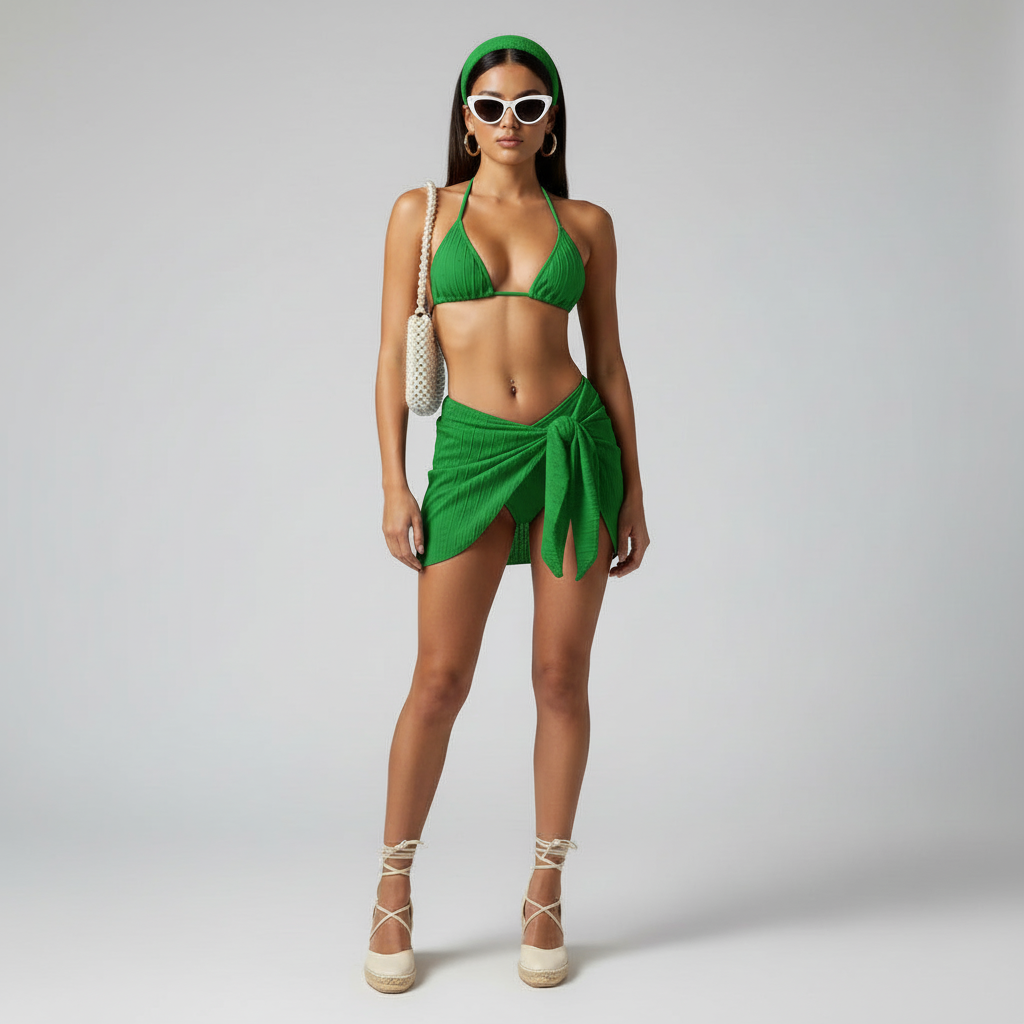 Woman wearing a green bikini and wrap dress on a gray background