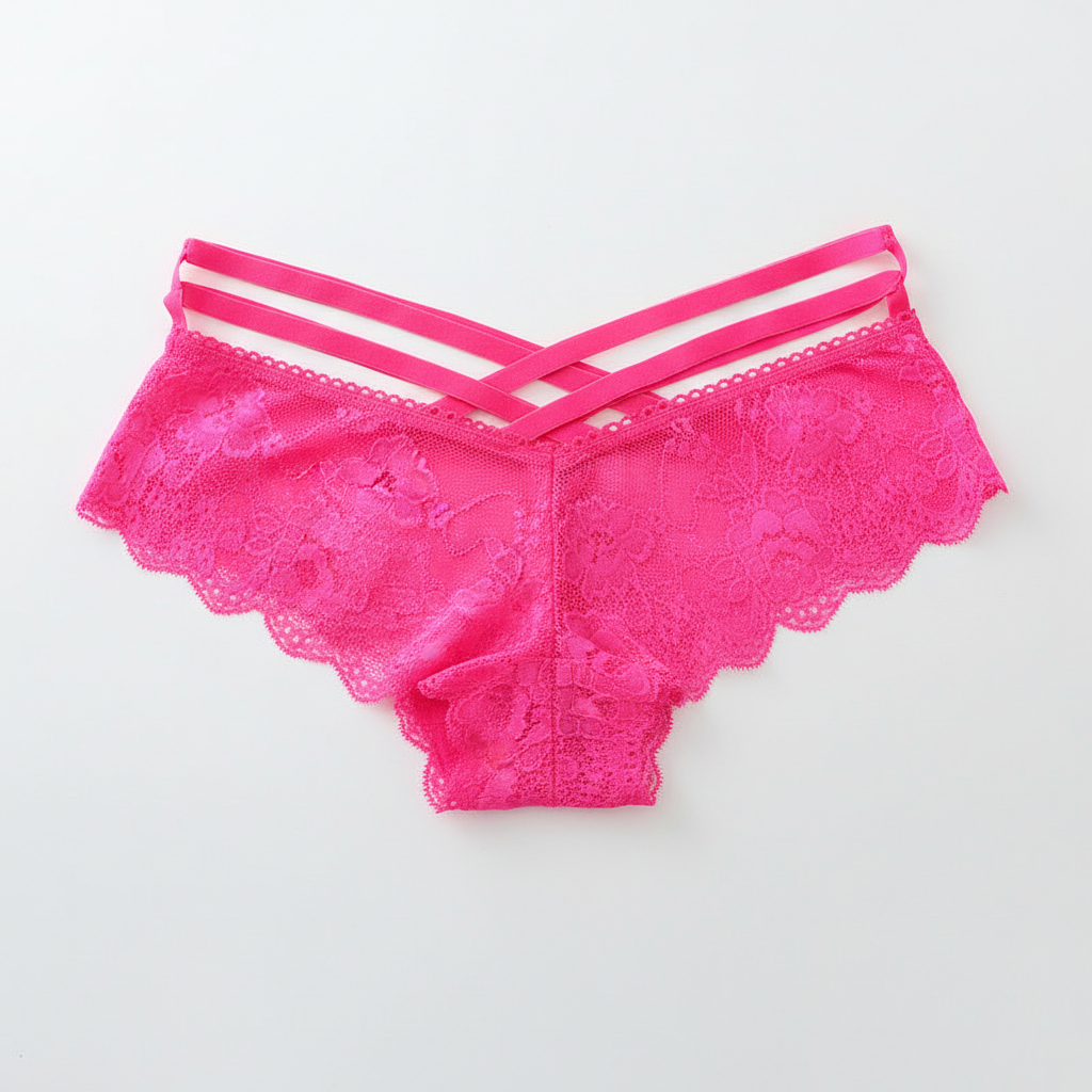 Pink lace lingerie set on a light gray background