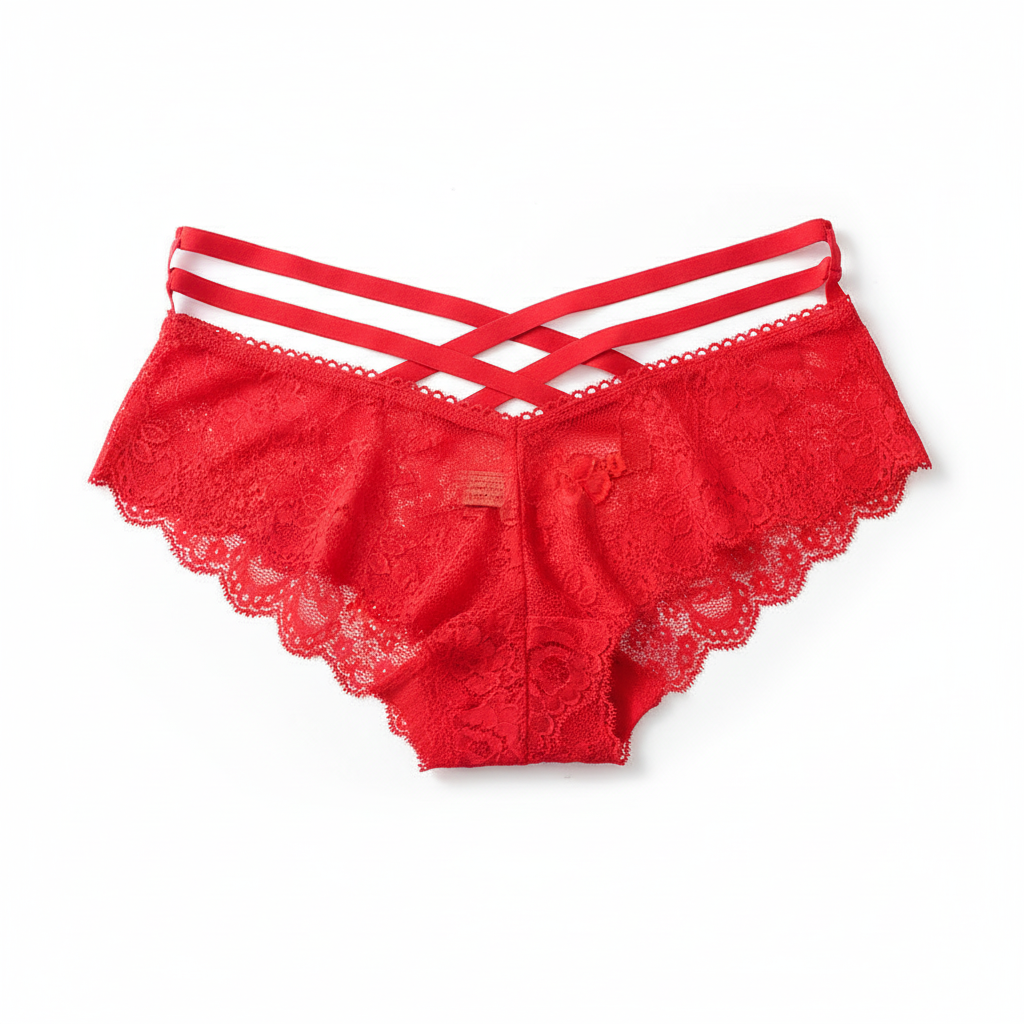 Red lace underwear with white straps on a white background