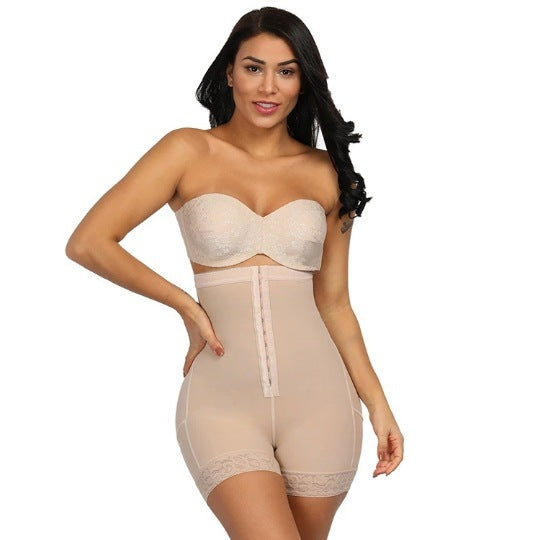 Woman wearing a beige shapewear bodysuit on a white background