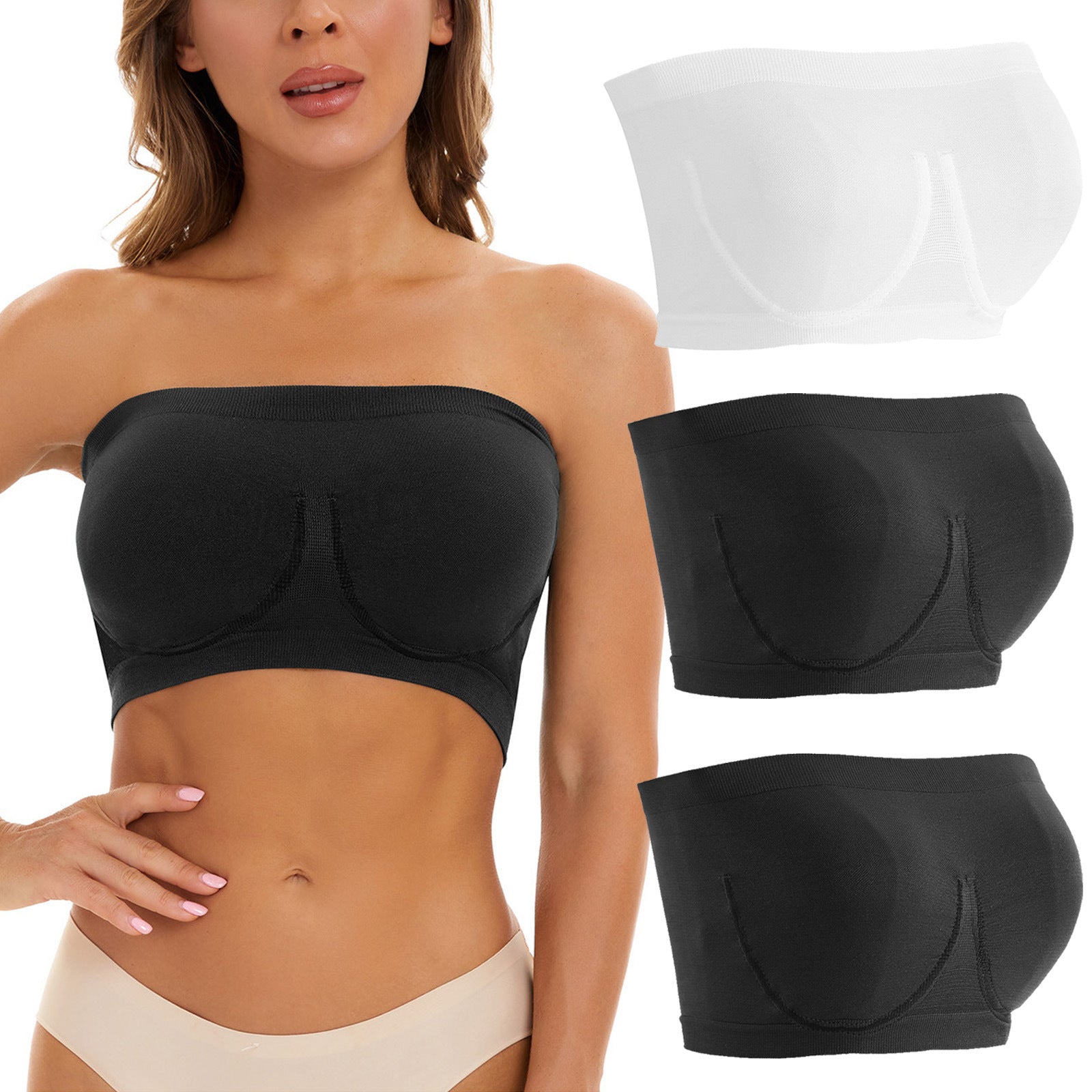 Woman wearing a black strapless bra with inset images of different parts of the bra.