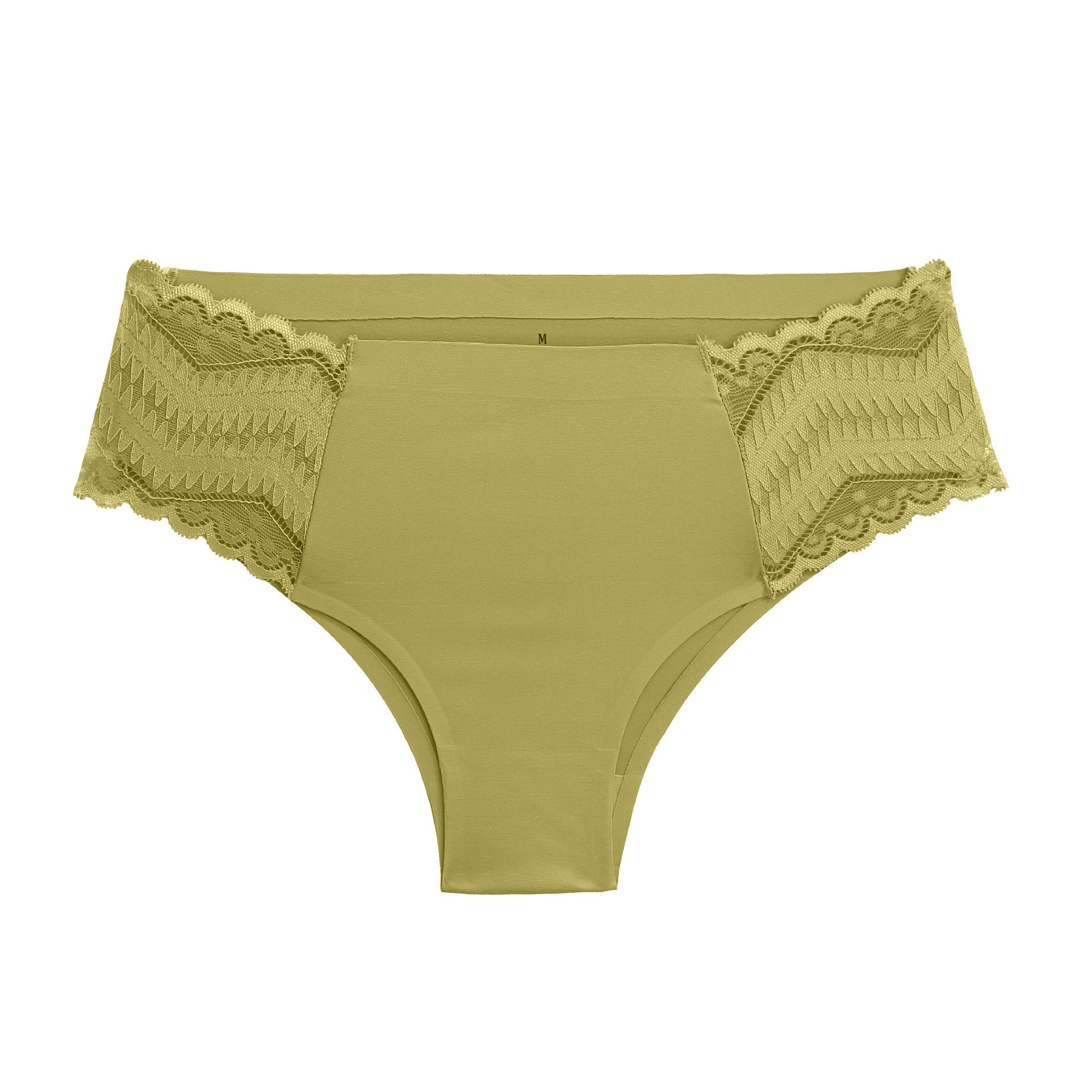 Green underwear with lace trim on a white background