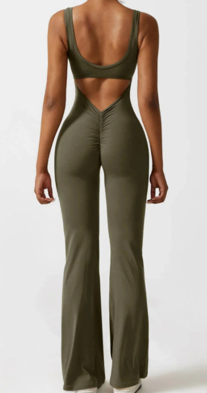 Olive green jumpsuit with open back on a white background