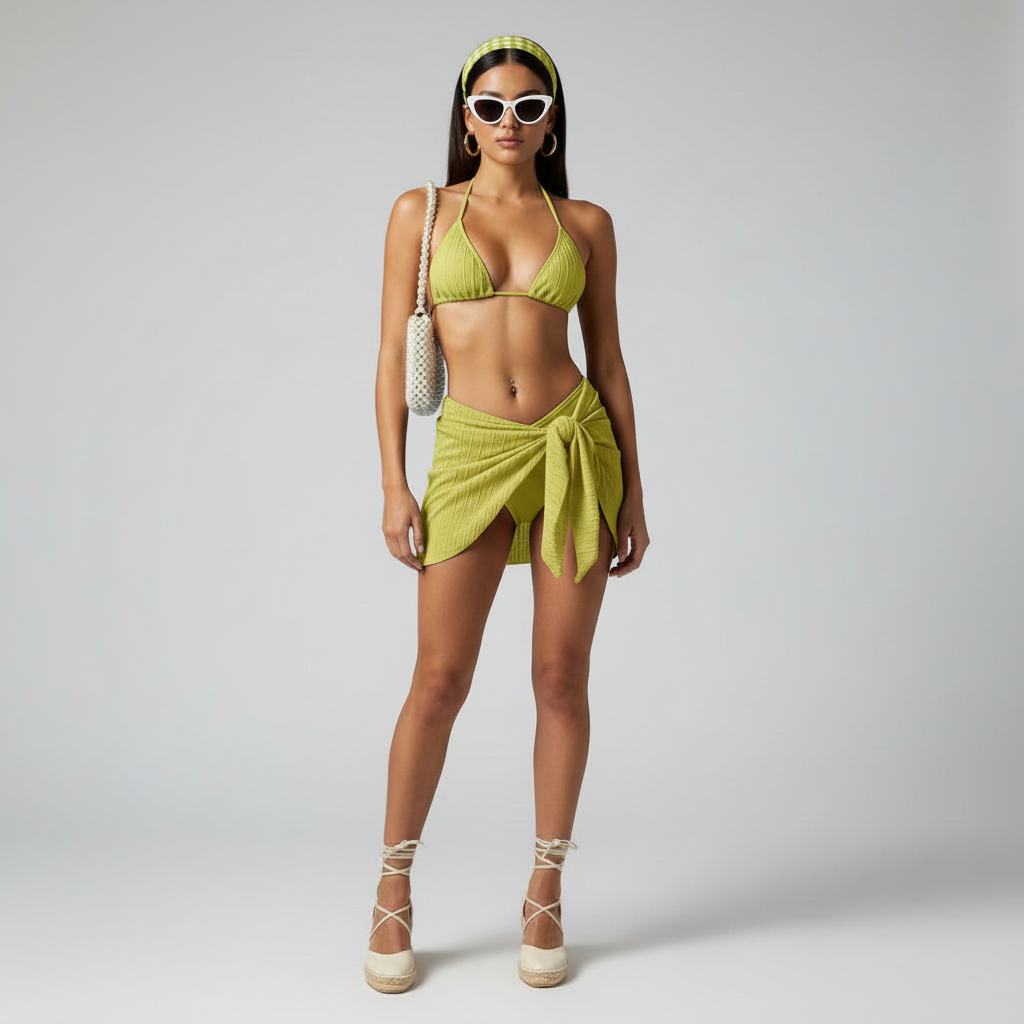 Woman in a green bikini and skirt set on a plain background