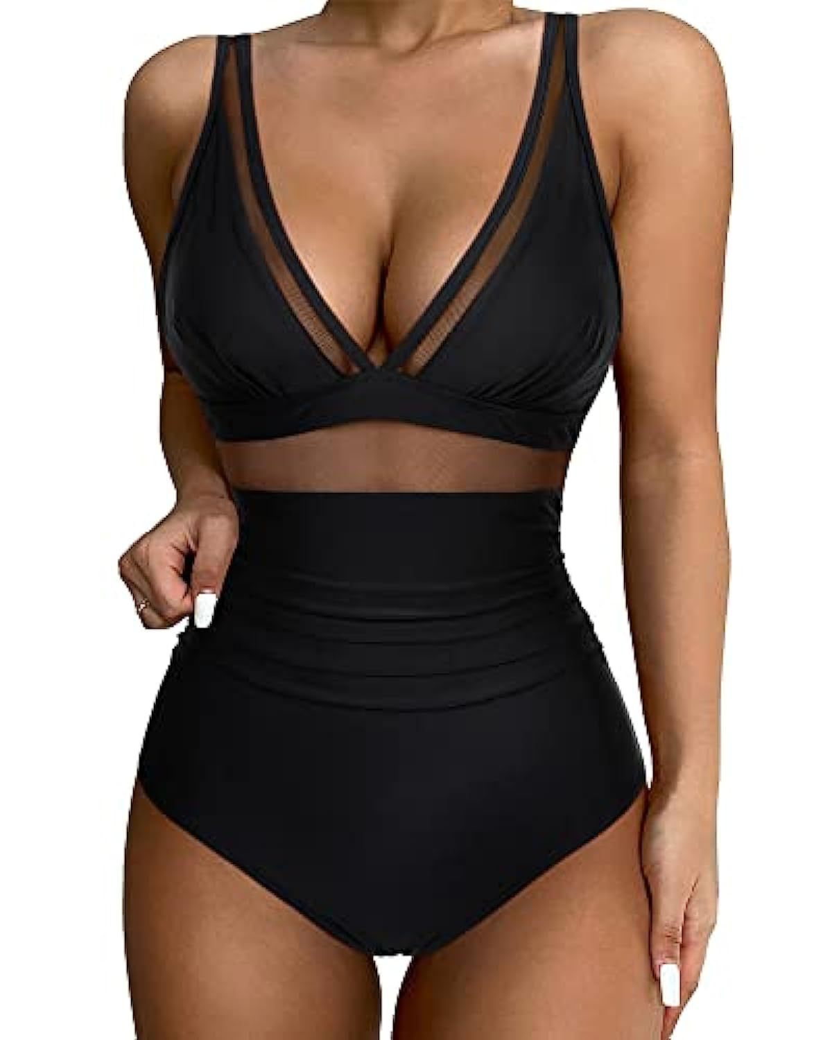 Black swimsuit with mesh detailing on a white background