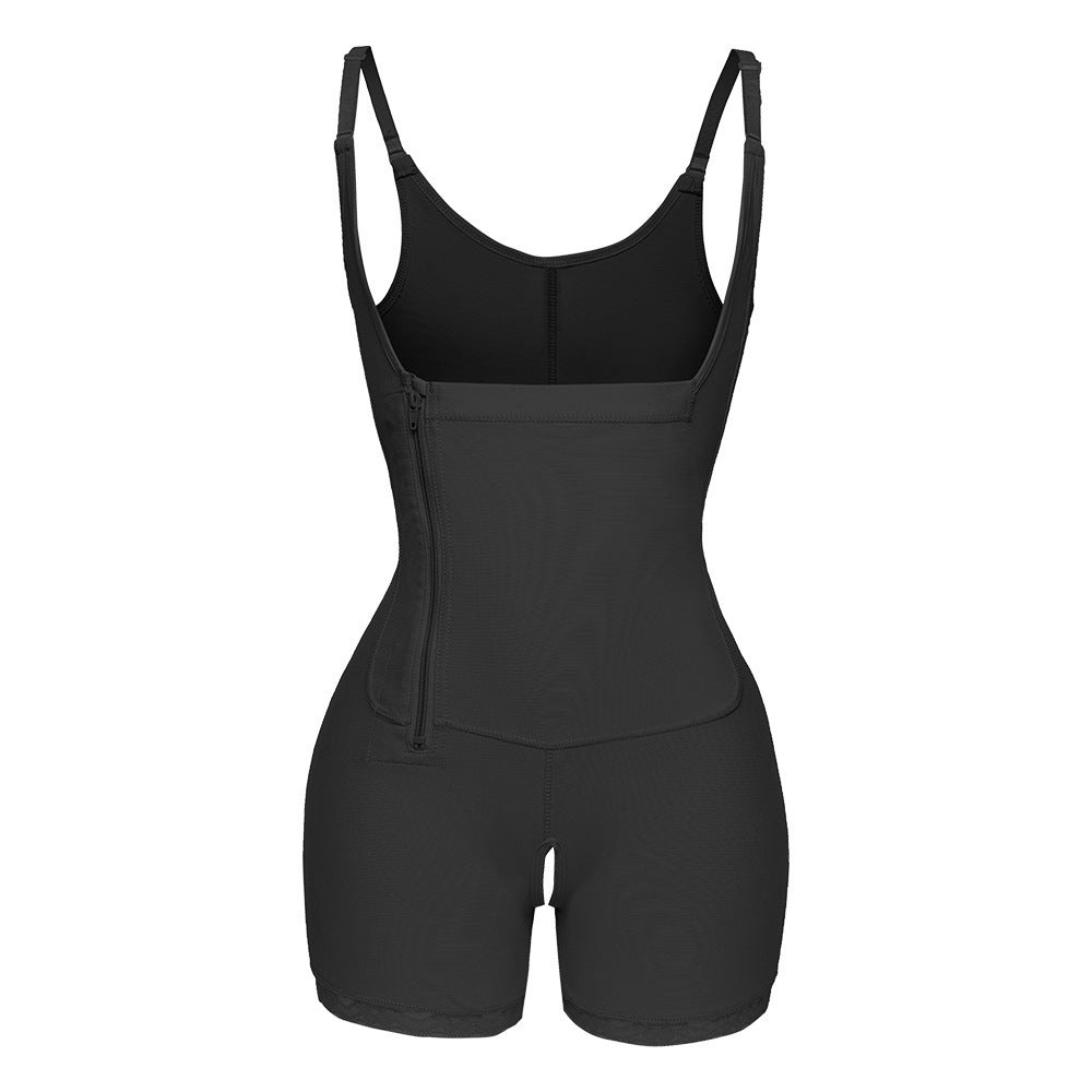 Black bodysuit with tank top and shorts on a white background