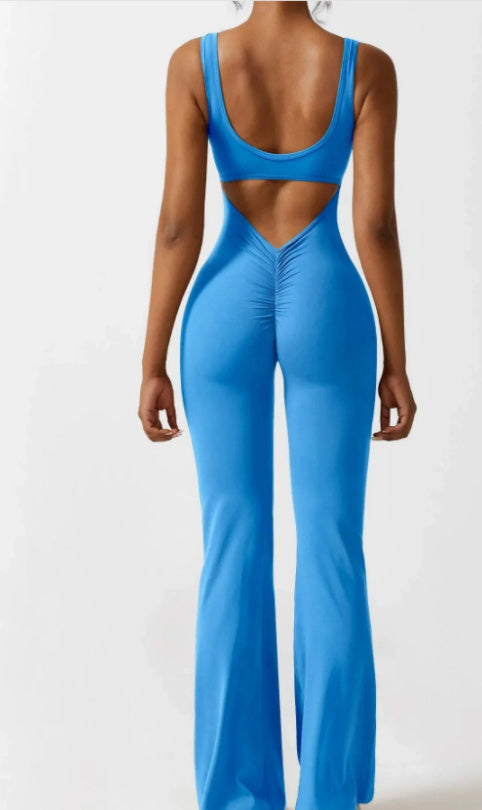 Blue jumpsuit with open back on a white background