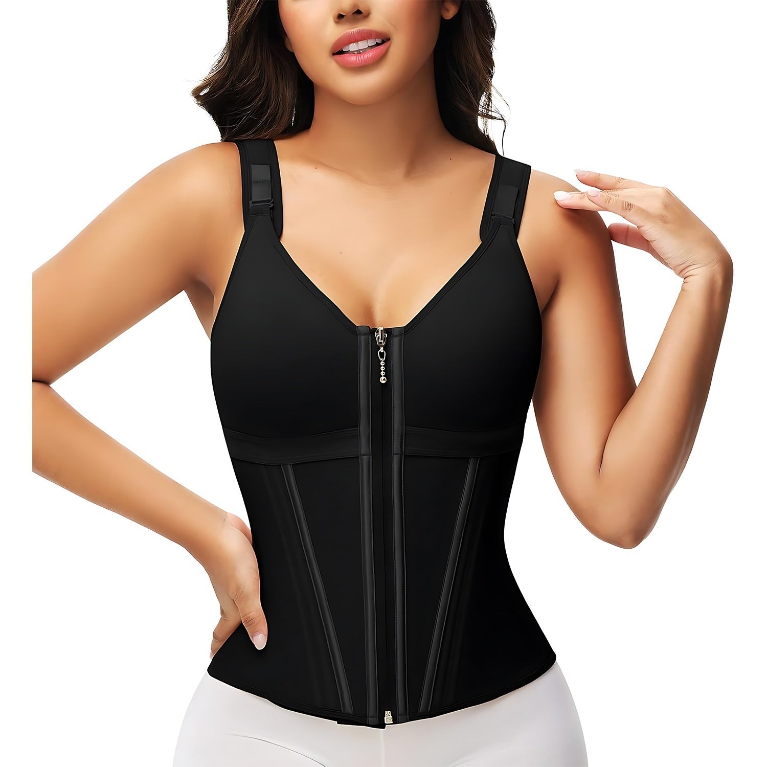 Woman wearing a black waist training corset on a white background