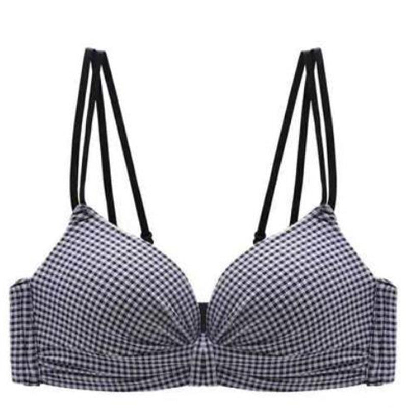 Gingham patterned bra with black straps on a white background