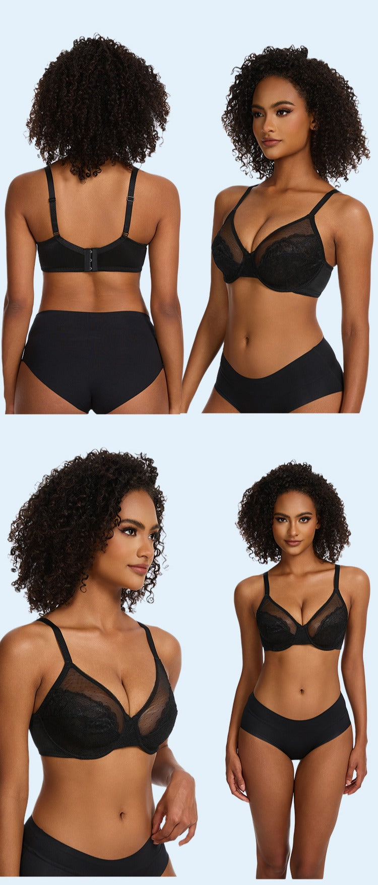 Four views of a woman wearing black lingerie on a light blue background