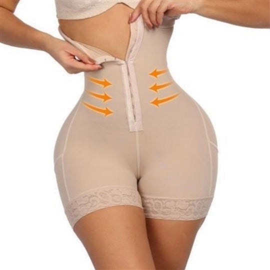 Beige shapewear with orange arrows indicating areas of focus on a white background