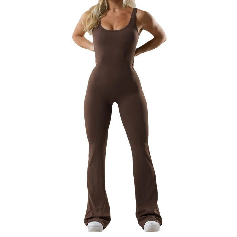 Person wearing a brown bodysuit on a white background