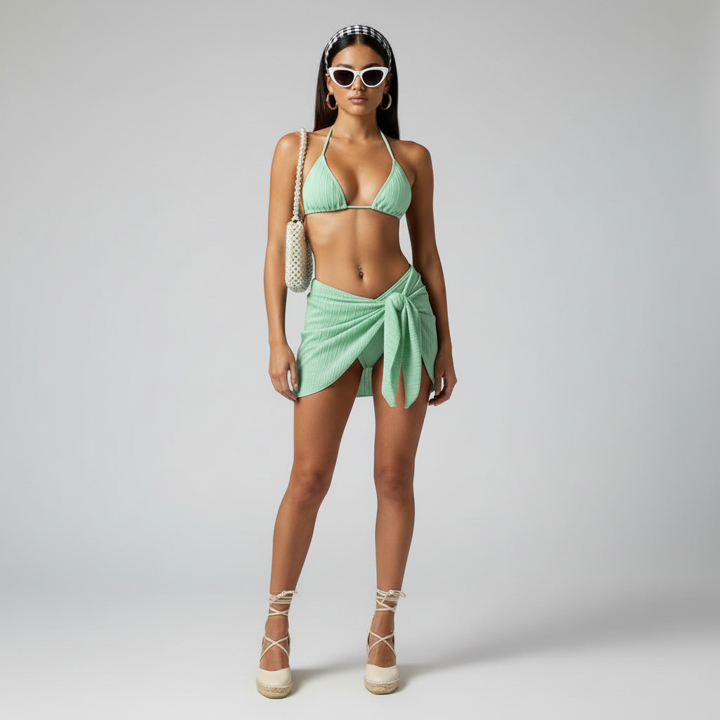Woman wearing a green bikini and skirt set on a gray background