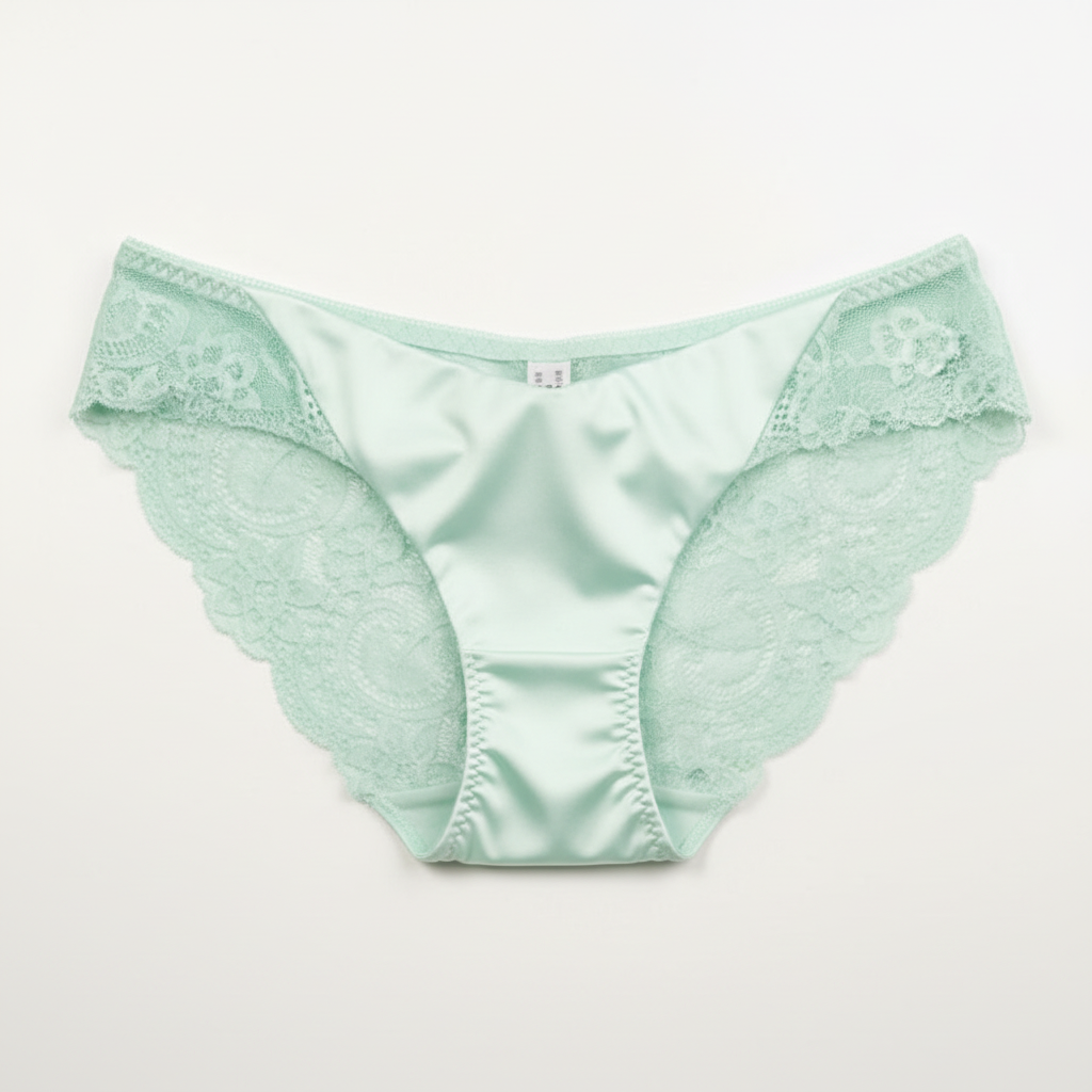 Light green lace-trimmed underwear on a white background