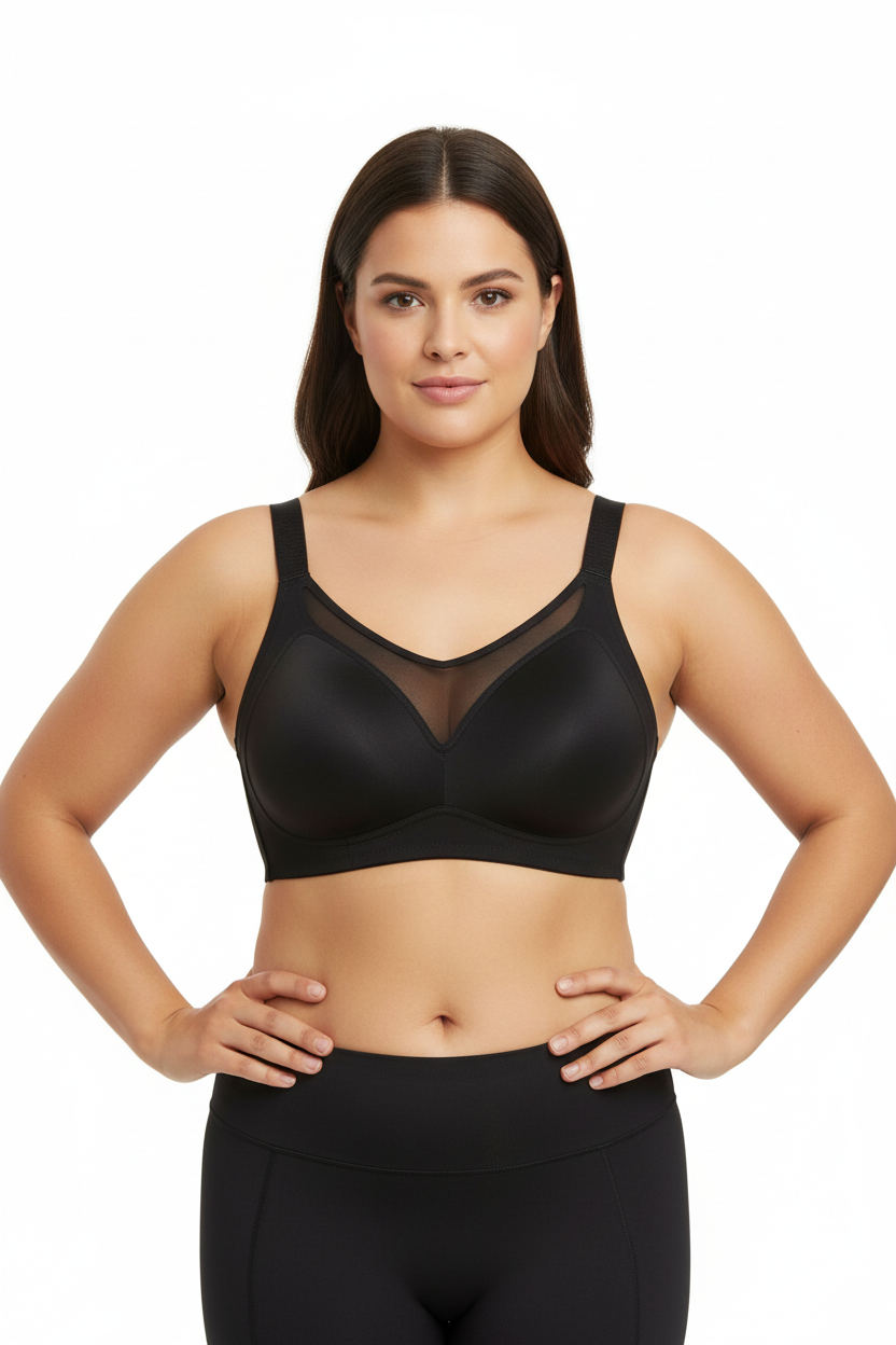 Model wearing Black Fixed Cup Minimizer Bra