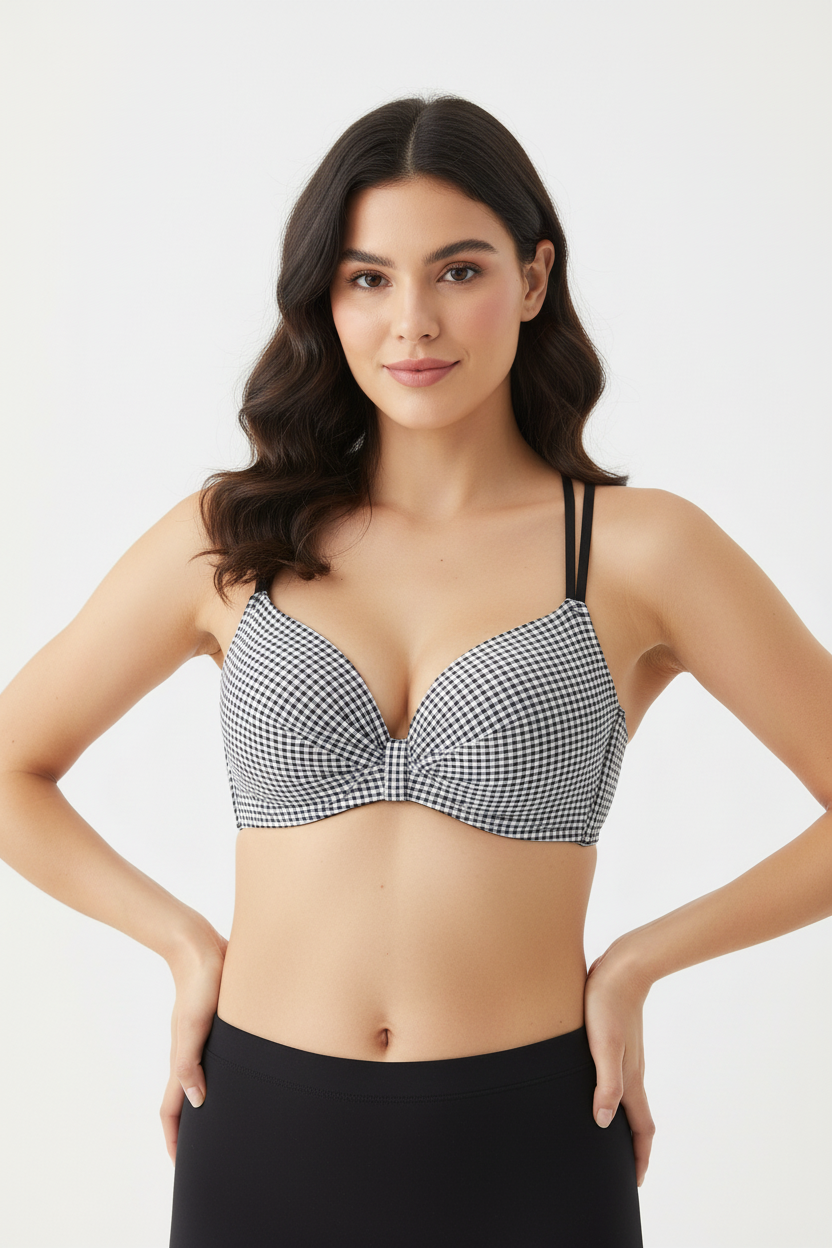 Model wearing Black Gingham Check Bra