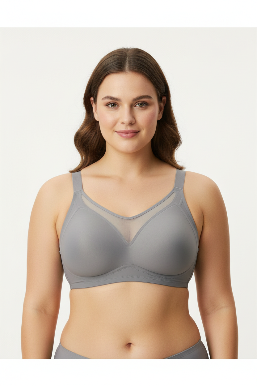 Model wearing Gray Fixed Cup Minimizer Bra
