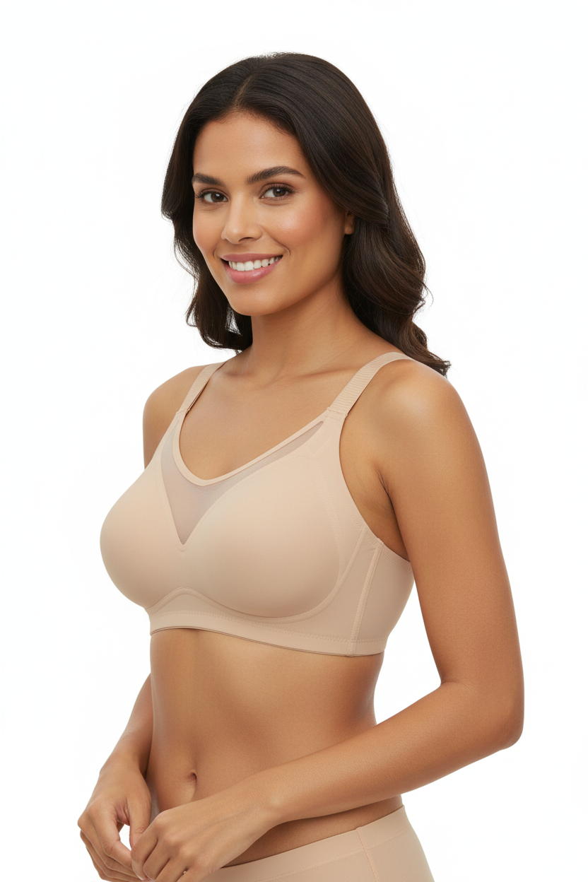 Model wearing Khaki Fixed Cup Minimizer Bra