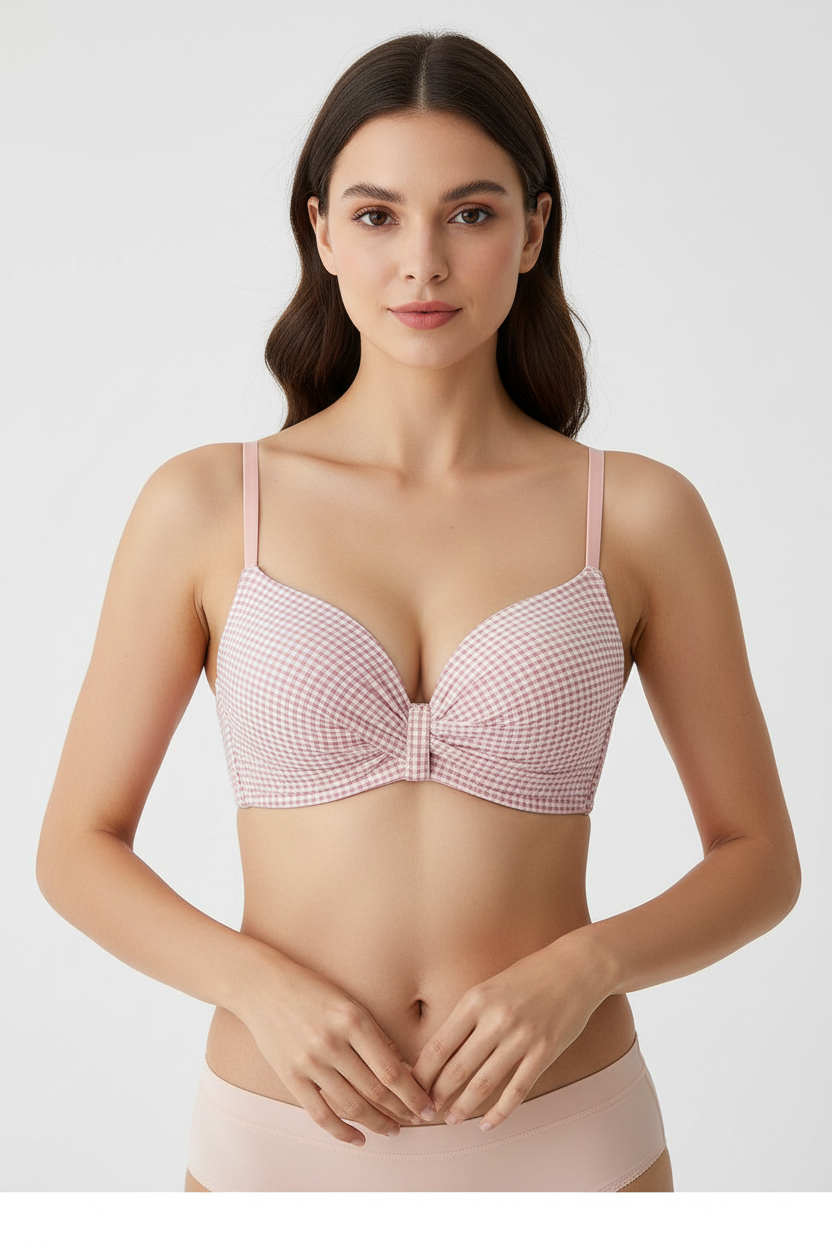Model wearing Light Pink Gingham Check Bra