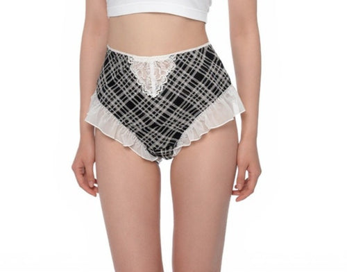 Plaid patterned underwear with lace trim on a white background