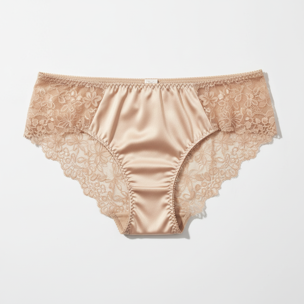 Beige lace underwear on a light gray background