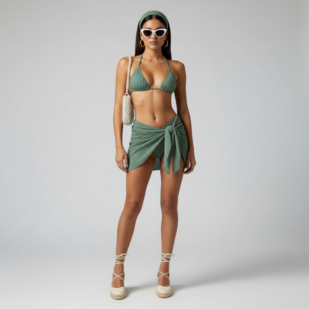 Woman wearing a green bikini and wrap dress with sunglasses and handbag on a gray background
