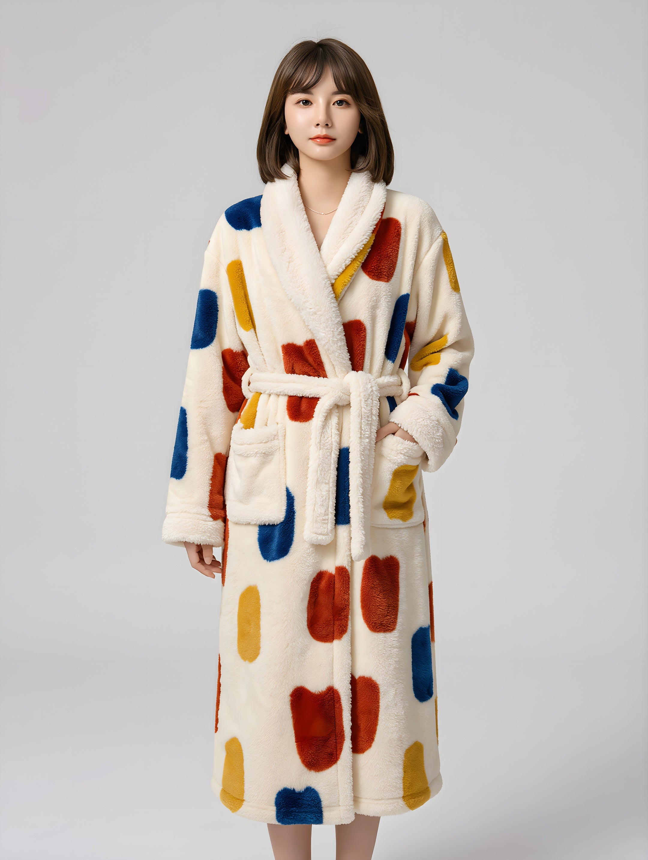 Woman wearing a colorful robe with a white background