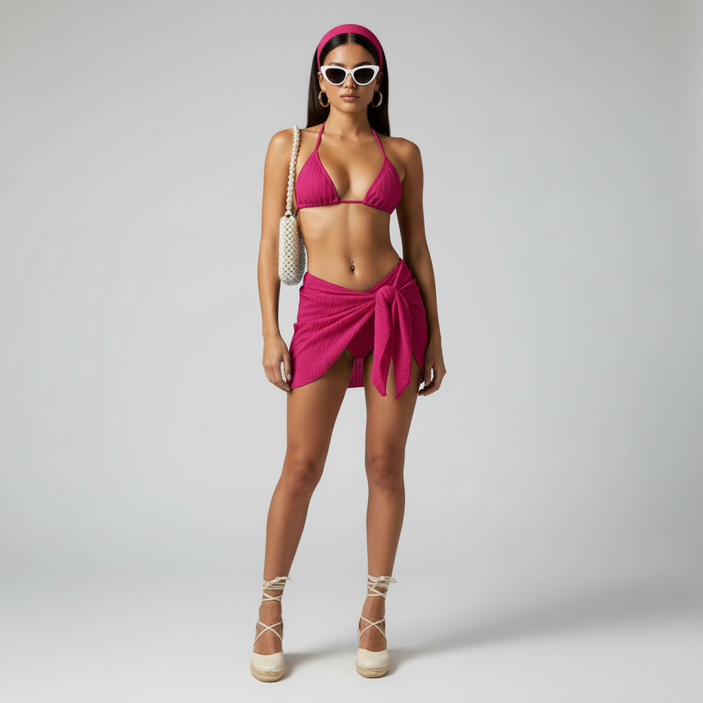 Woman in a pink bikini and wrap dress posing against a gray background