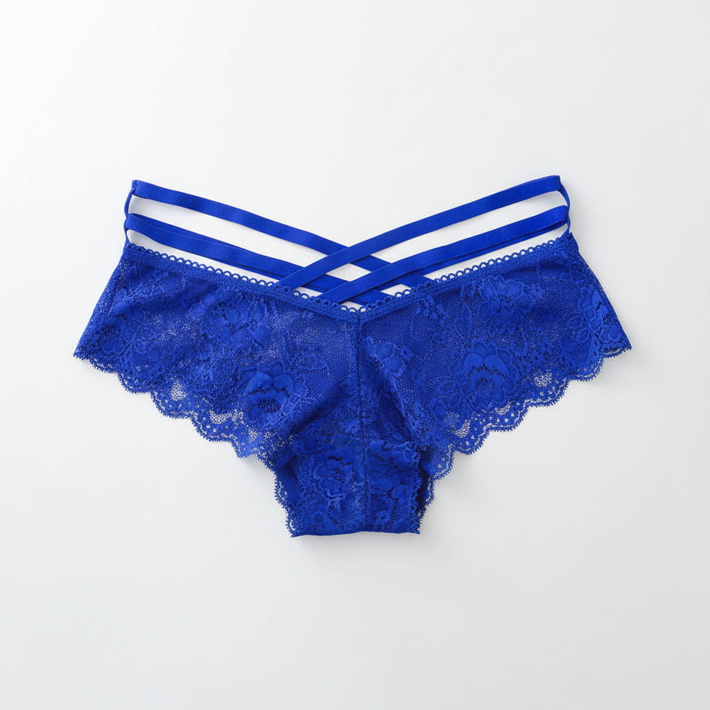 Blue lace underwear with white straps on a light gray background