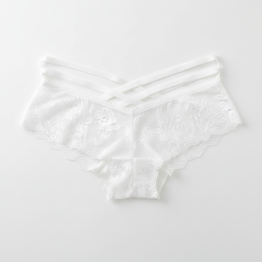 White lace underwear on a light gray background